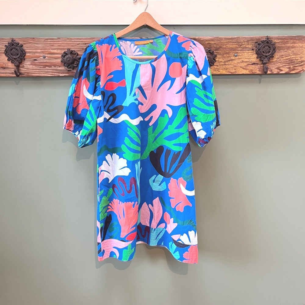 Oliphant Womens Small Resort Botanical Puff Sleeve Mini Shift Dress Blue Cotton